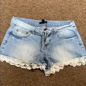 forever 21 jean shorts with white crochet